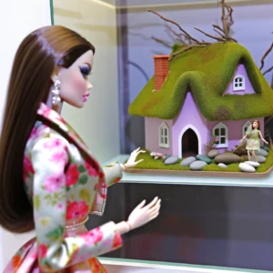 12" Fashion doll with her Miniature craft project, a Grass Thatch roof cottage on a wood base with grass and rocks.