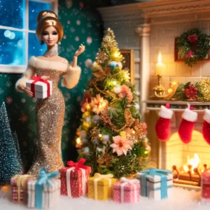 12" fashion doll in her glamorous holiday gown in front of the tree, she is holing a white gift box with red ribbon bow. Three red stockings with fuzzy white tops hung on the matle piece and beautiful colorful boxes with bows sit on the floor in front of the tree