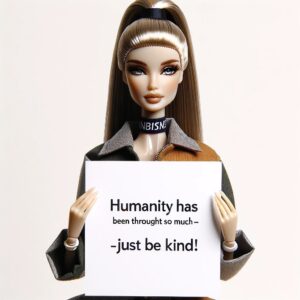 12" blonde fashion doll with a high pony tail wearing a stylish trendy blazer coat holding a sign that says; "Humanity has been through so much, just be kind!"