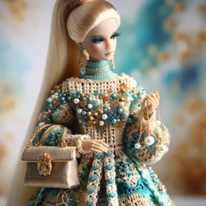 12" Fashion doll modeling her ornate beadd and knit dress with gold chain and golden woven handbag