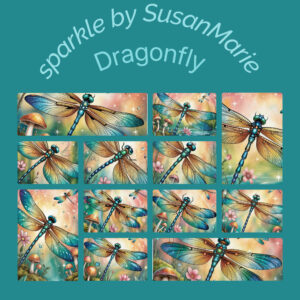 A digital collage of 12 illustrated dragonfly artworks titled 'Sparkle by SusanMarie - Dragonfly'. Each image features a vibrant, iridescent dragonfly with shimmering wings in various poses, surrounded by whimsical backgrounds of mushrooms, flowers, sparkles, and pastel skies. The overall theme is magical and nature-inspired, with a teal background and arched title text at the top.
