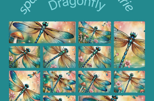 A digital collage of 12 illustrated dragonfly artworks titled 'Sparkle by SusanMarie - Dragonfly'. Each image features a vibrant, iridescent dragonfly with shimmering wings in various poses, surrounded by whimsical backgrounds of mushrooms, flowers, sparkles, and pastel skies. The overall theme is magical and nature-inspired, with a teal background and arched title text at the top.