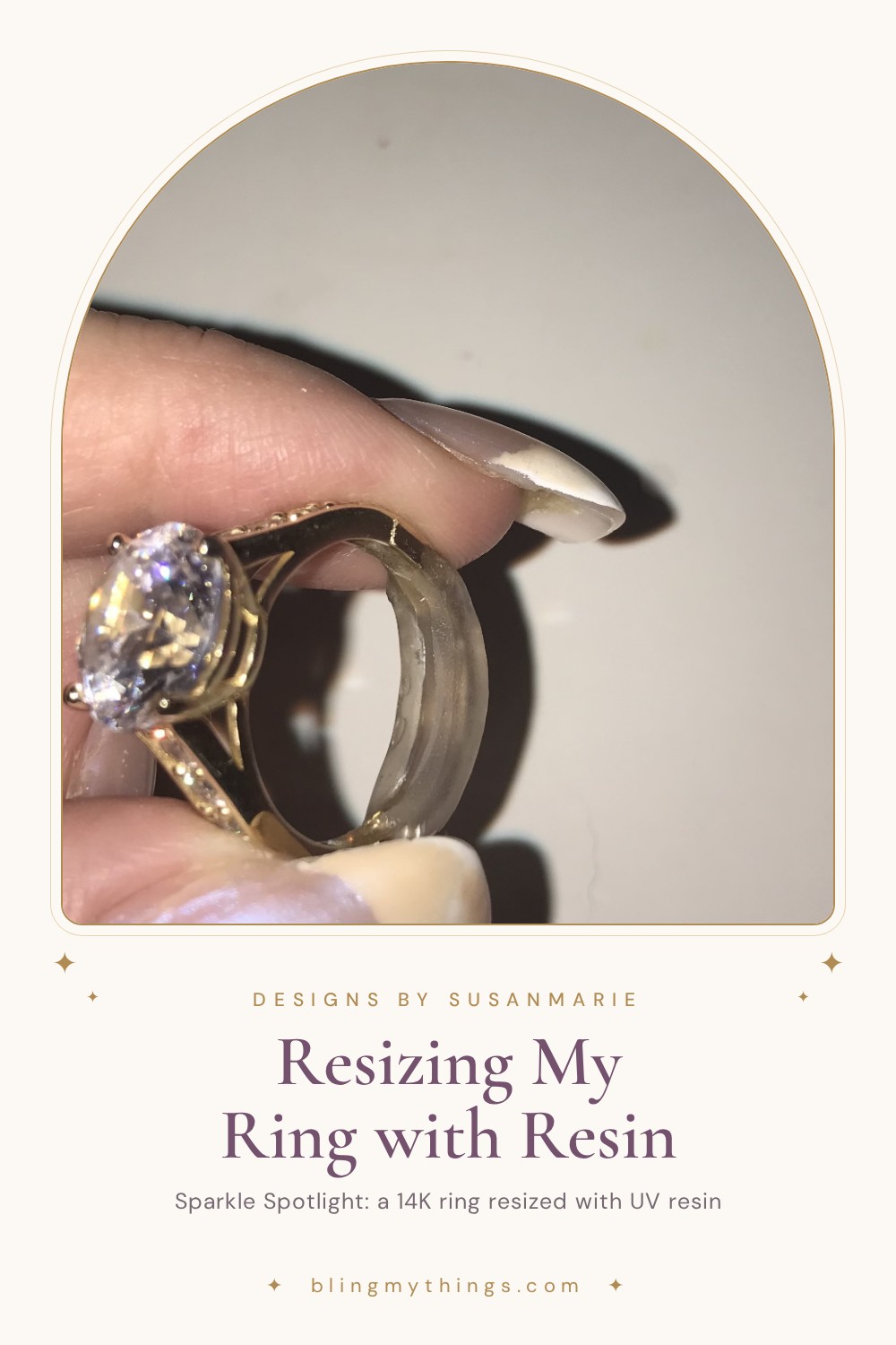 Fingers holding a gold solitaire ring with a clear UV resin insert, titled Resizing My Ring with Resin