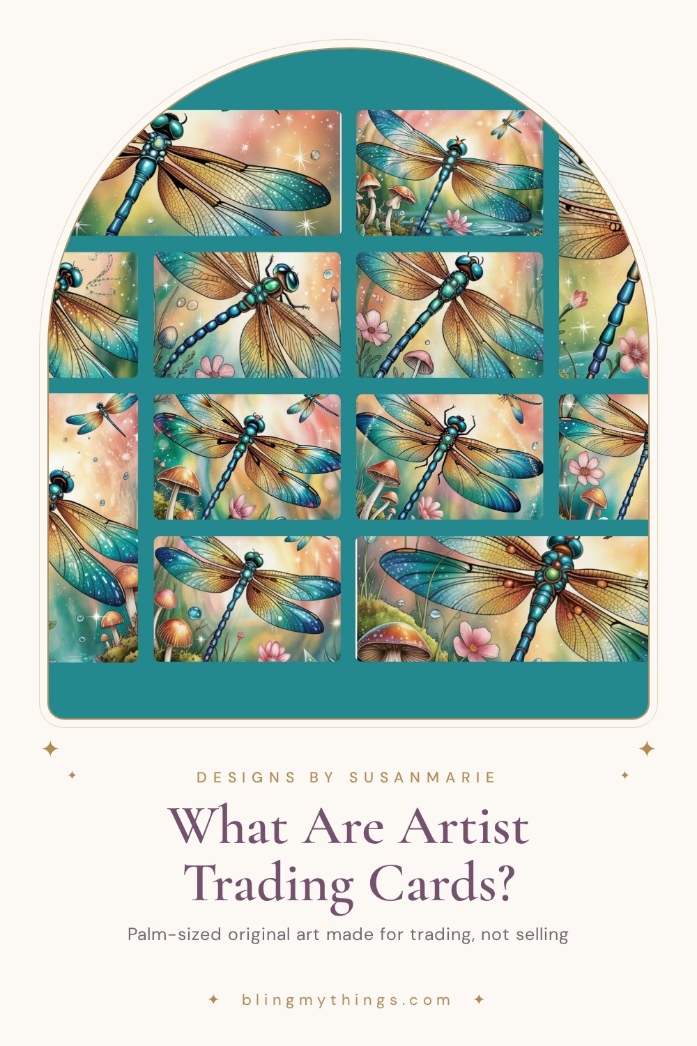 Grid of dragonfly artist trading card designs on a teal background, titled What Are Artist Trading Cards?